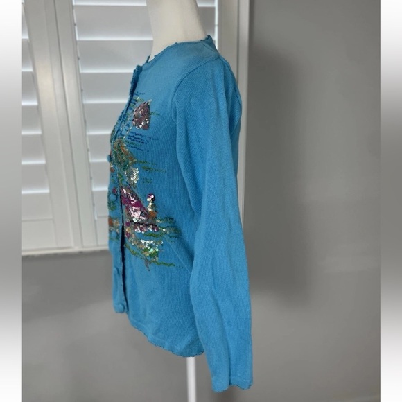 Quacker Factory Embellished Cardigan Sweater XS Sequin Beads Beach Umbrella BLUE - Picture 5 of 16